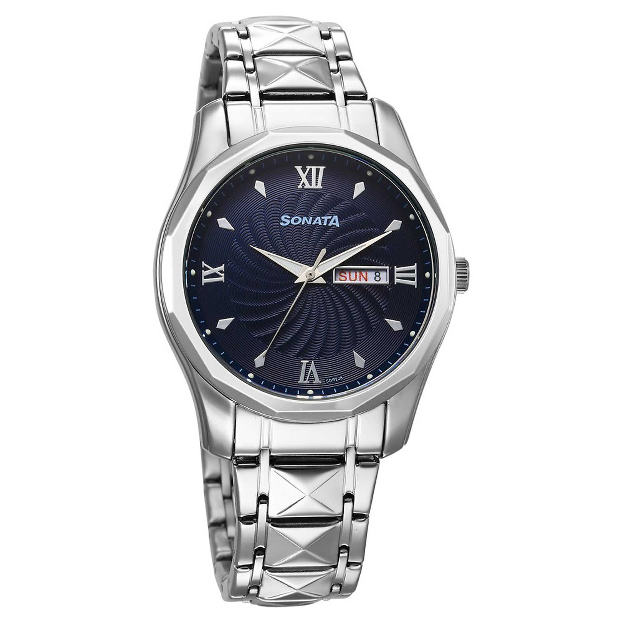 Sonata Blue Dial Silver Stainless Steel Strap Analog with Date and Day Watch for Men