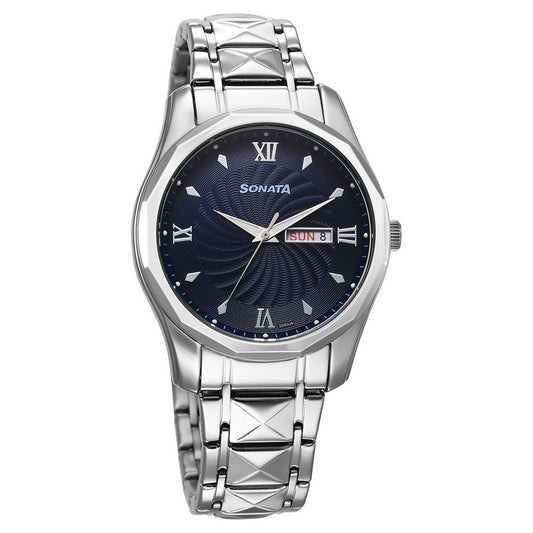 Sonata Blue Dial Silver Stainless Steel Strap Analog with Date and Day Watch for Men