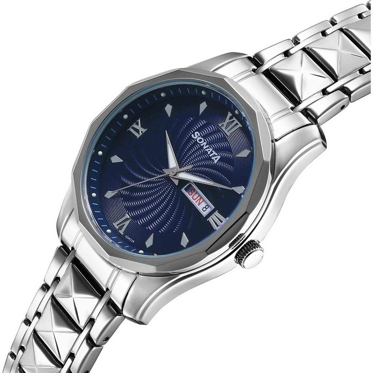 Sonata Blue Dial Silver Stainless Steel Strap Analog with Date and Day Watch for Men
