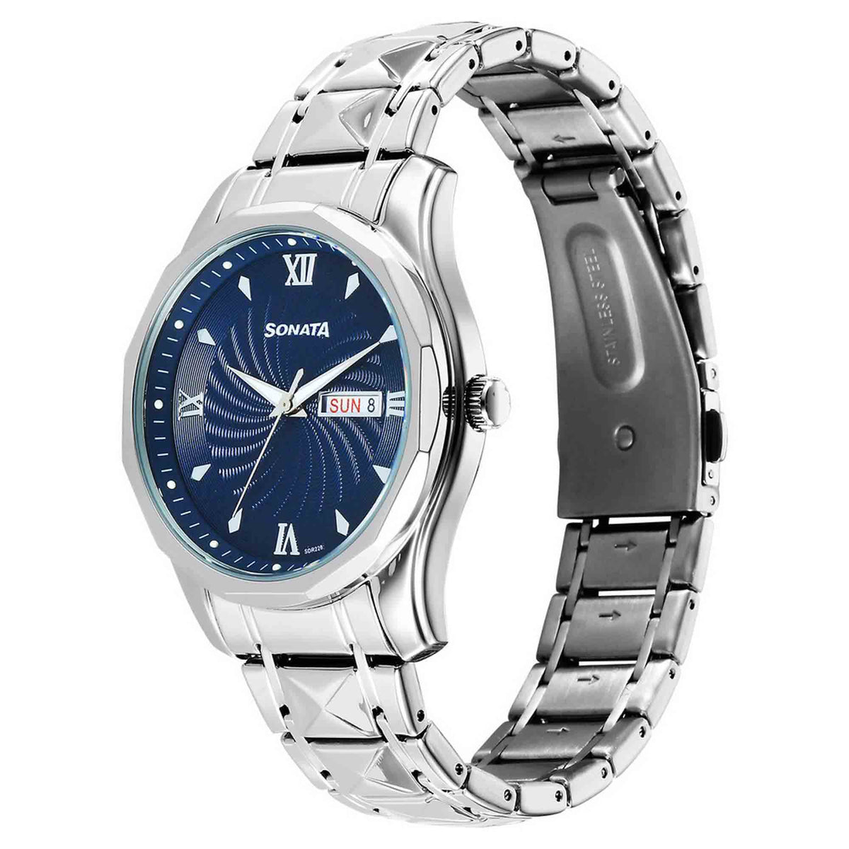Sonata Blue Dial Silver Stainless Steel Strap Analog with Date and Day Watch for Men