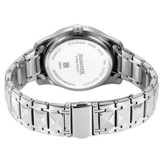 Sonata Blue Dial Silver Stainless Steel Strap Analog with Date and Day Watch for Men