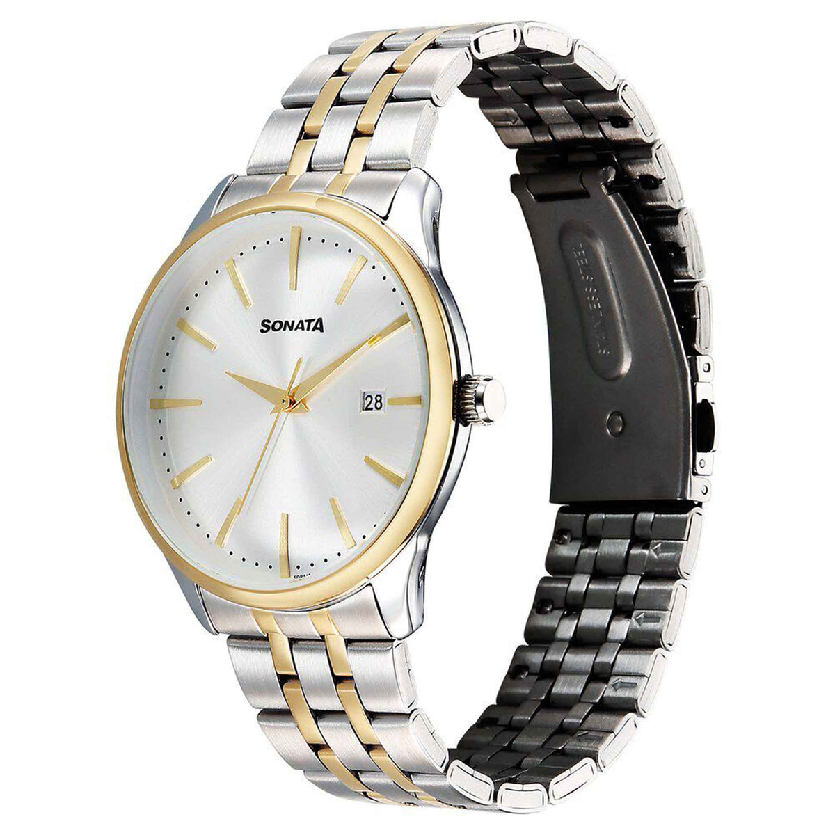 Sonata Silver Dial Two Toned Metal Strap Analog with Date Watch for Men
