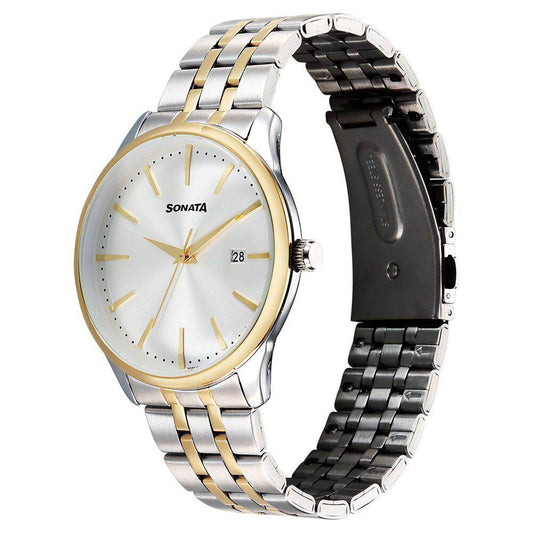 Sonata Silver Dial Two Toned Metal Strap Analog with Date Watch for Men