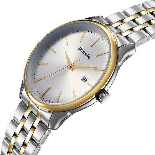 Sonata Silver Dial Two Toned Metal Strap Analog with Date Watch for Men