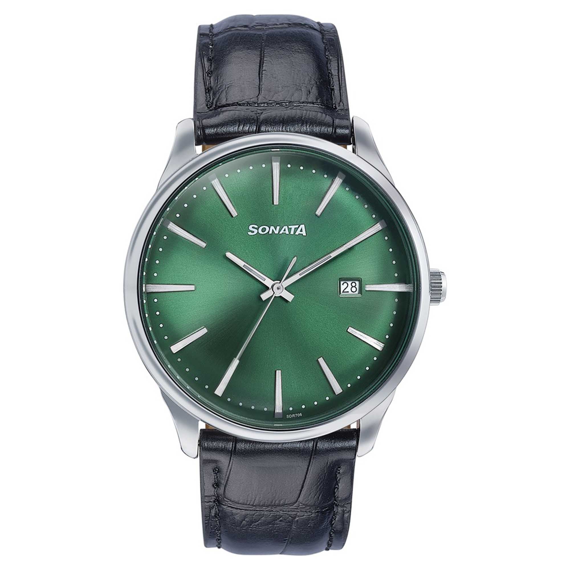 Sonata Green Dial Black Leather Strap Analog with Date Watch for Men
