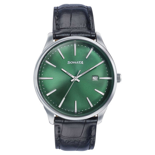 Sonata Green Dial Black Leather Strap Analog with Date Watch for Men