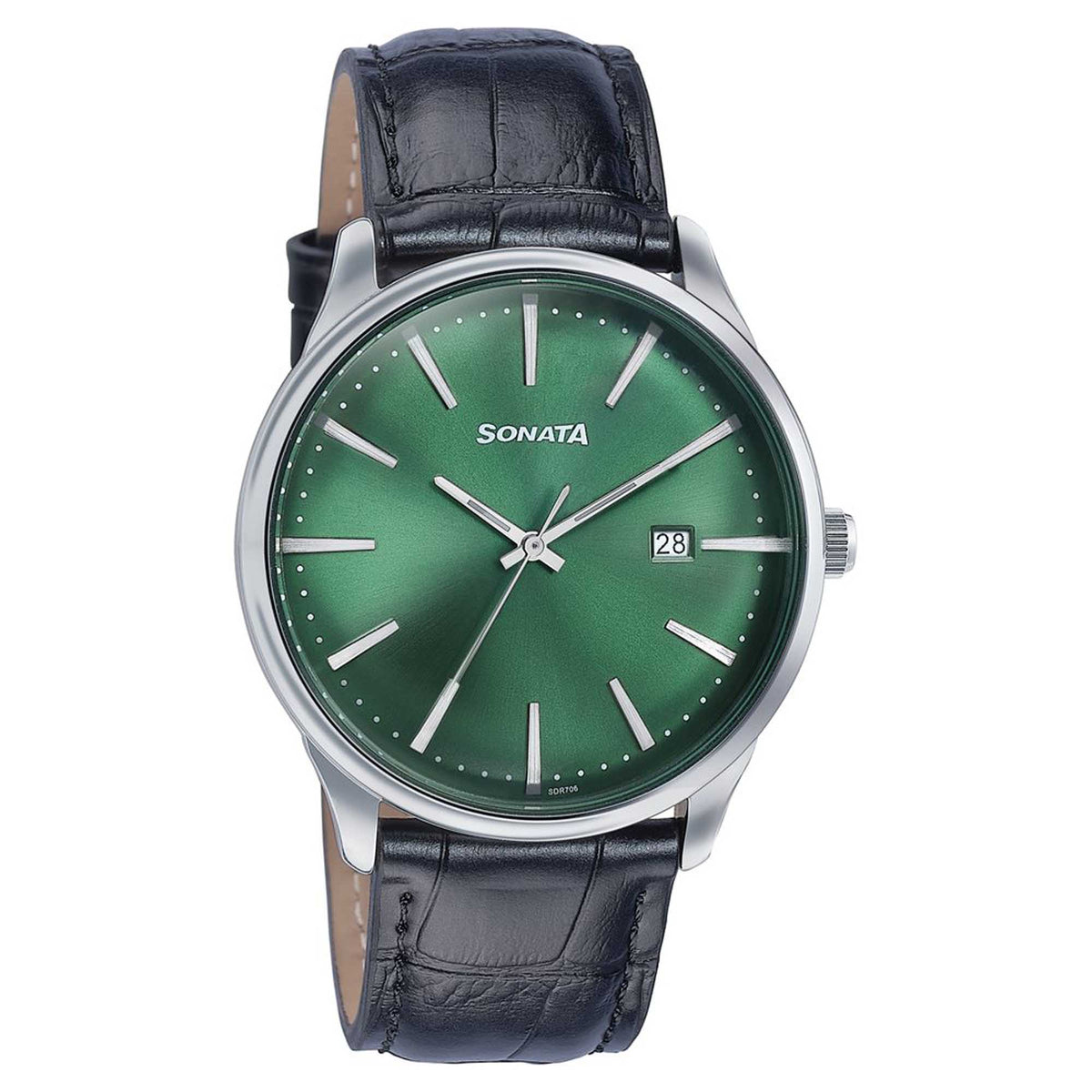 Sonata Green Dial Black Leather Strap Analog with Date Watch for Men