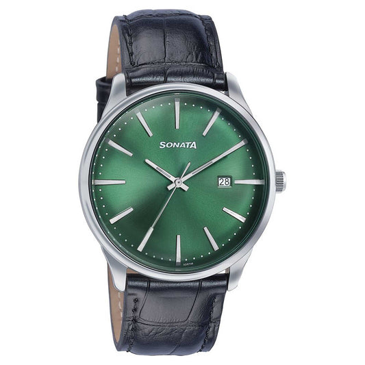Sonata Green Dial Black Leather Strap Analog with Date Watch for Men