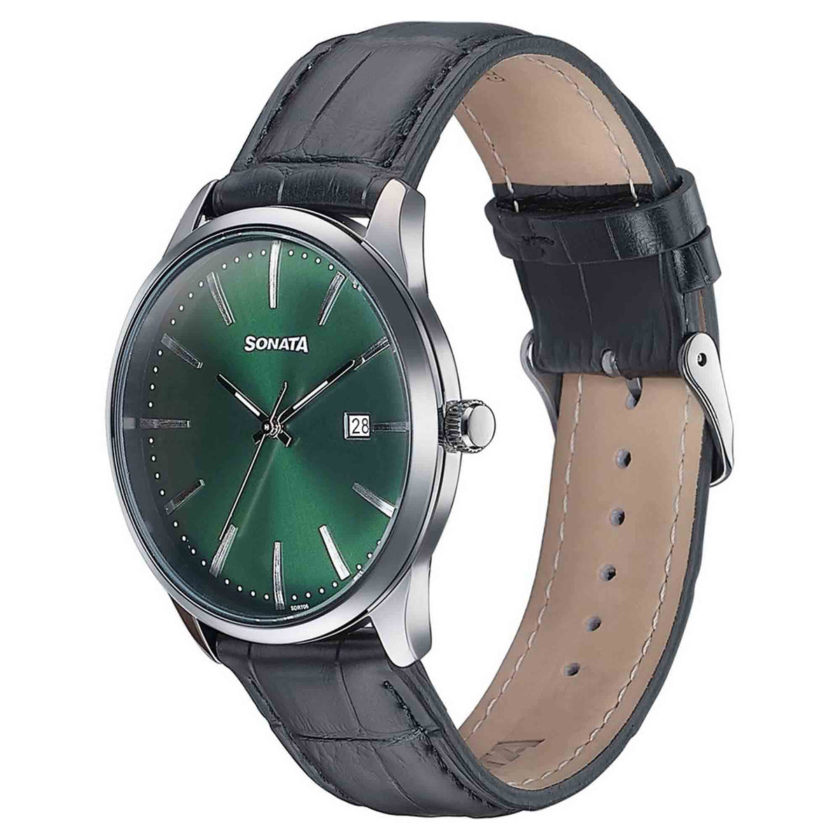 Sonata Green Dial Black Leather Strap Analog with Date Watch for Men