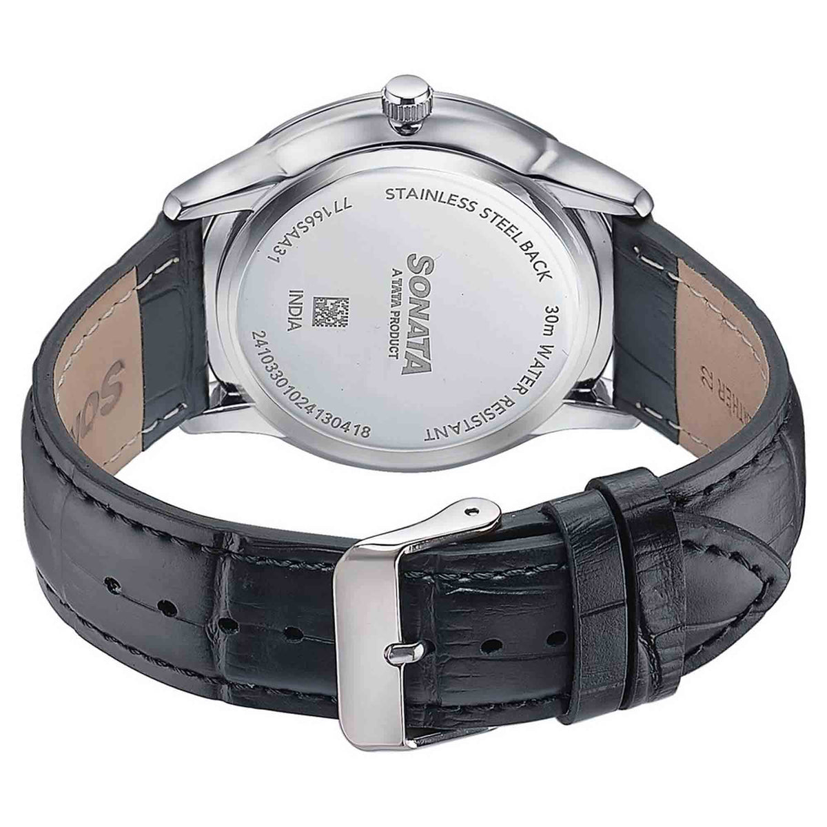 Sonata Green Dial Black Leather Strap Analog with Date Watch for Men