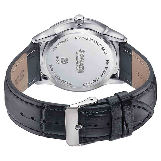 Sonata Green Dial Black Leather Strap Analog with Date Watch for Men
