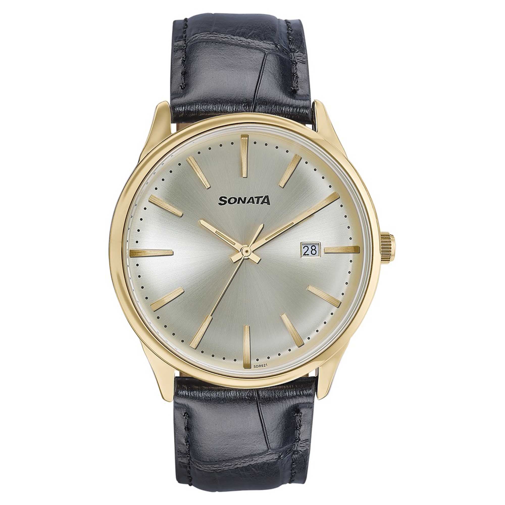 Sonata Gold Dial Black Leather Strap Analog with Date Watch for Men