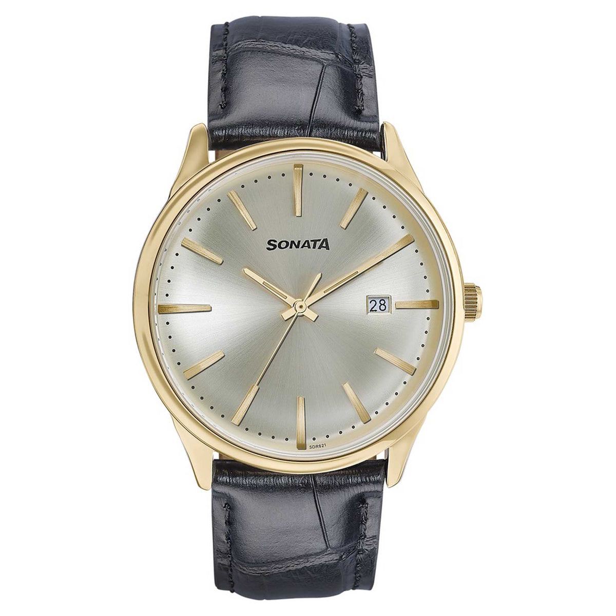 Sonata Gold Dial Black Leather Strap Analog with Date Watch for Men