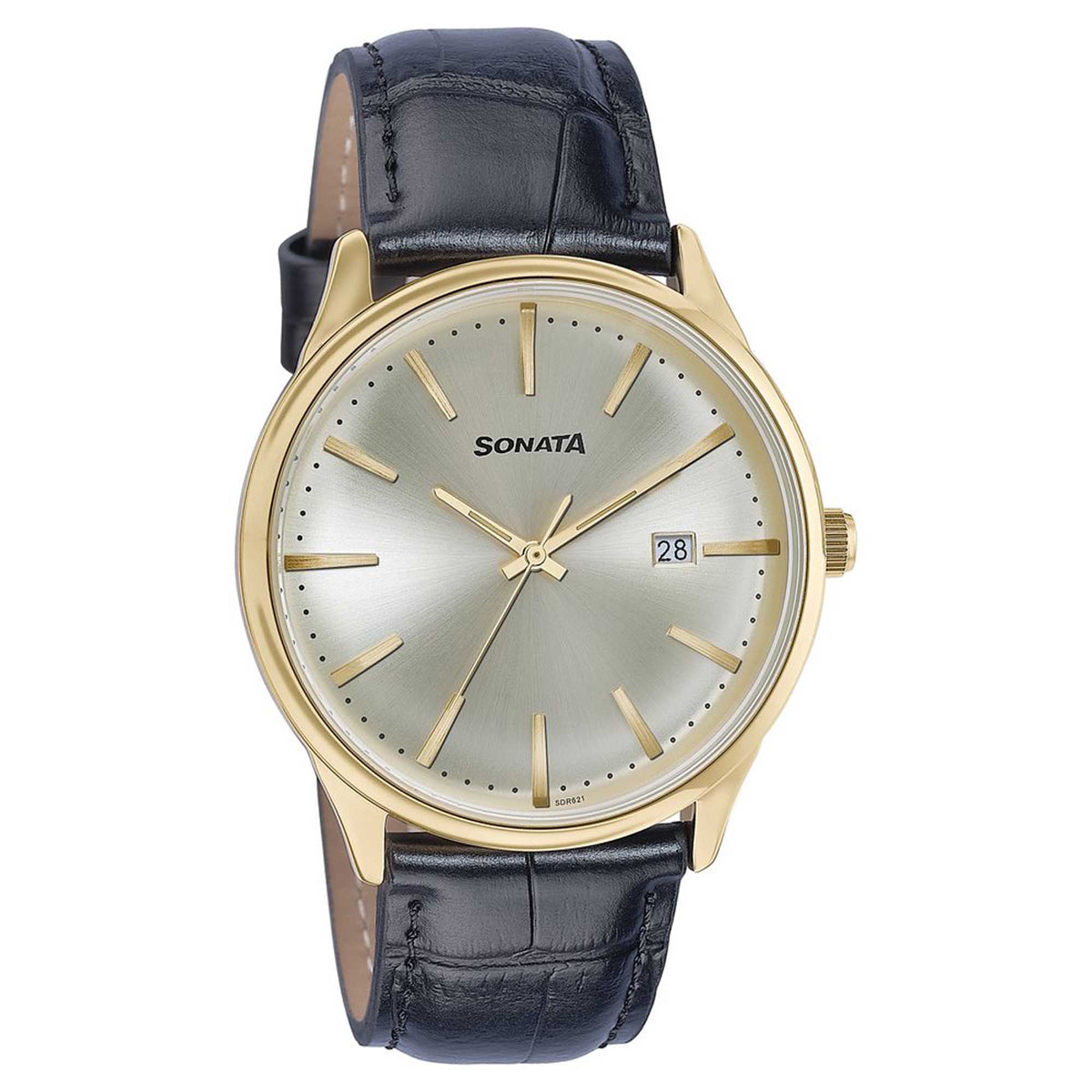 Sonata Gold Dial Black Leather Strap Analog with Date Watch for Men