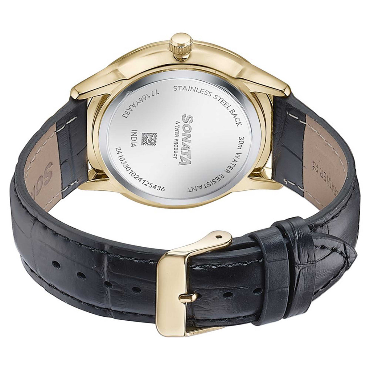 Sonata Gold Dial Black Leather Strap Analog with Date Watch for Men
