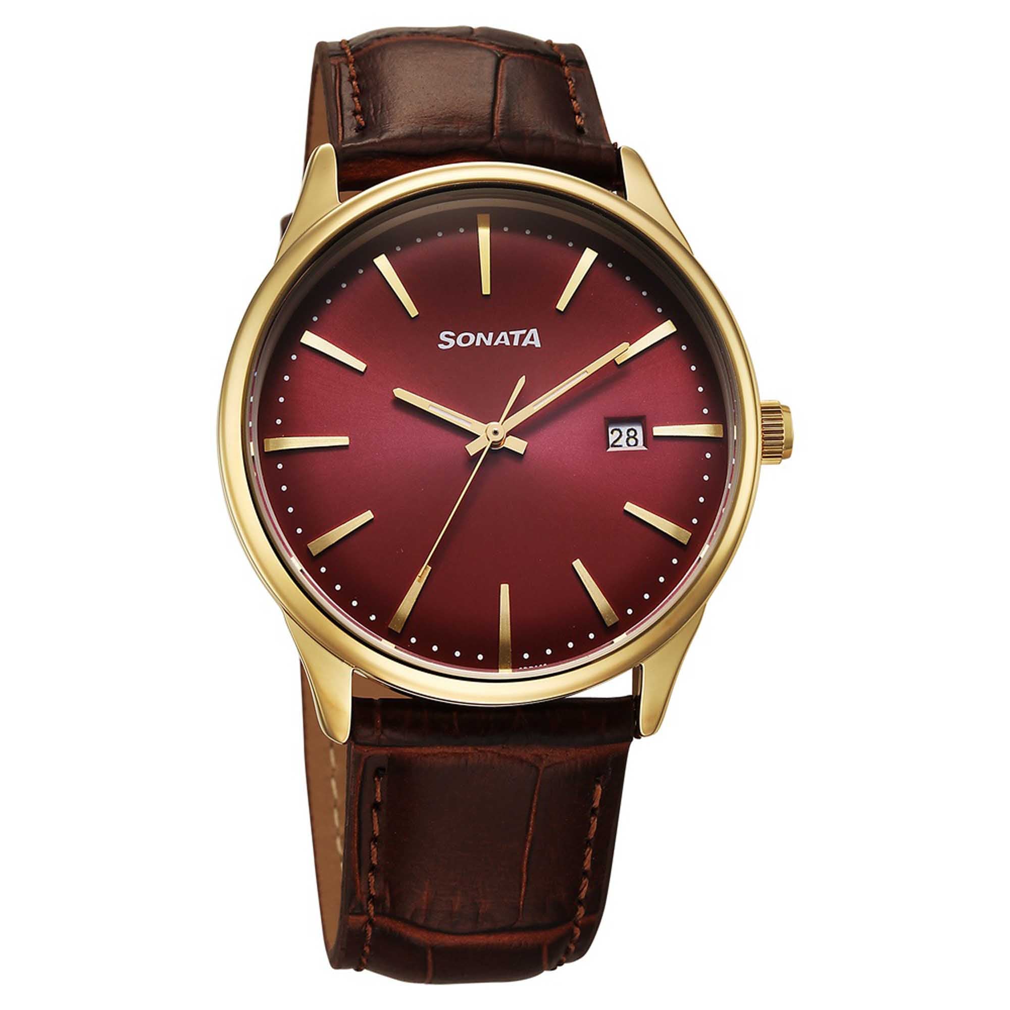 Sonata Maroon Dial Brown Leather Strap Analog with Date Watch for Men