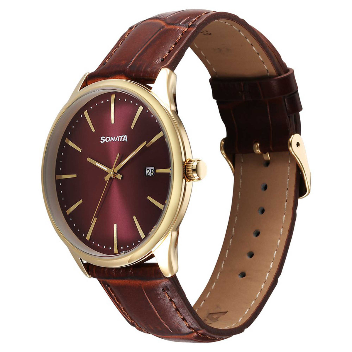 Sonata Maroon Dial Brown Leather Strap Analog with Date Watch for Men