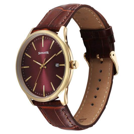 Sonata Maroon Dial Brown Leather Strap Analog with Date Watch for Men