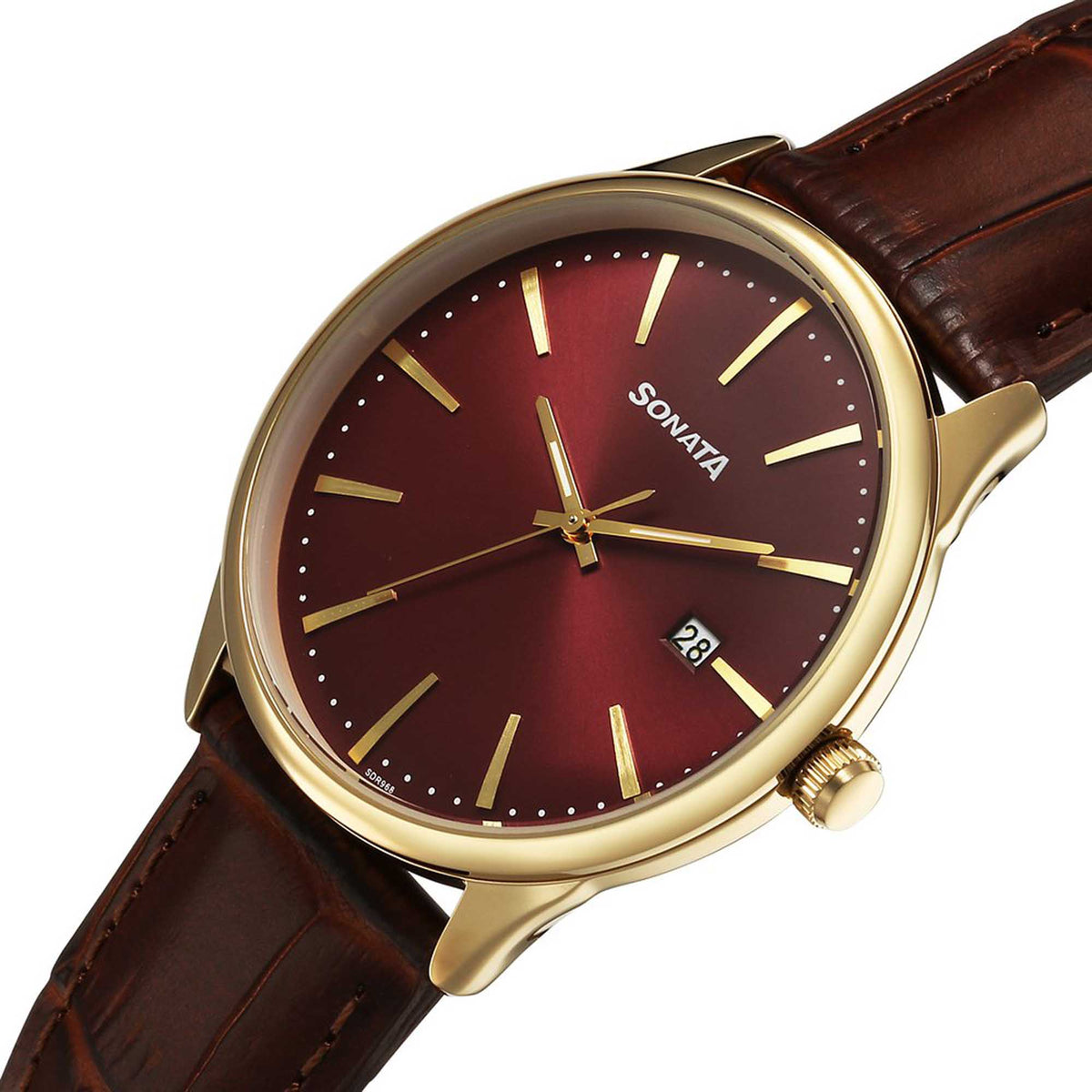 Sonata Maroon Dial Brown Leather Strap Analog with Date Watch for Men
