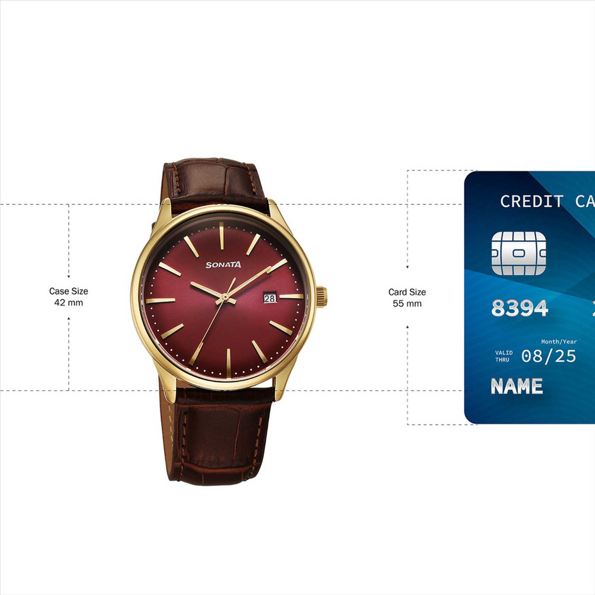 Sonata Maroon Dial Brown Leather Strap Analog with Date Watch for Men