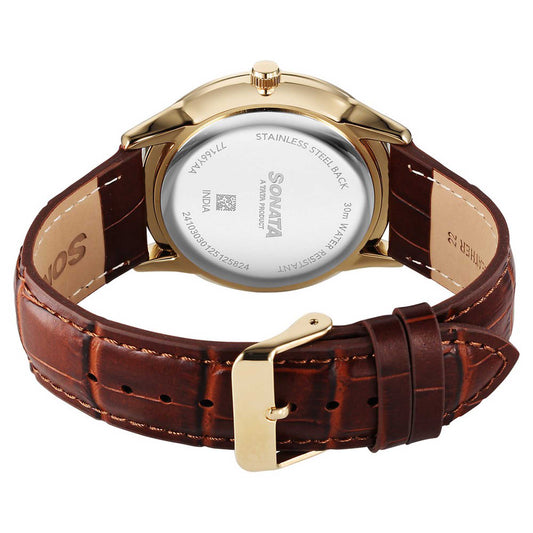 Sonata Maroon Dial Brown Leather Strap Analog with Date Watch for Men
