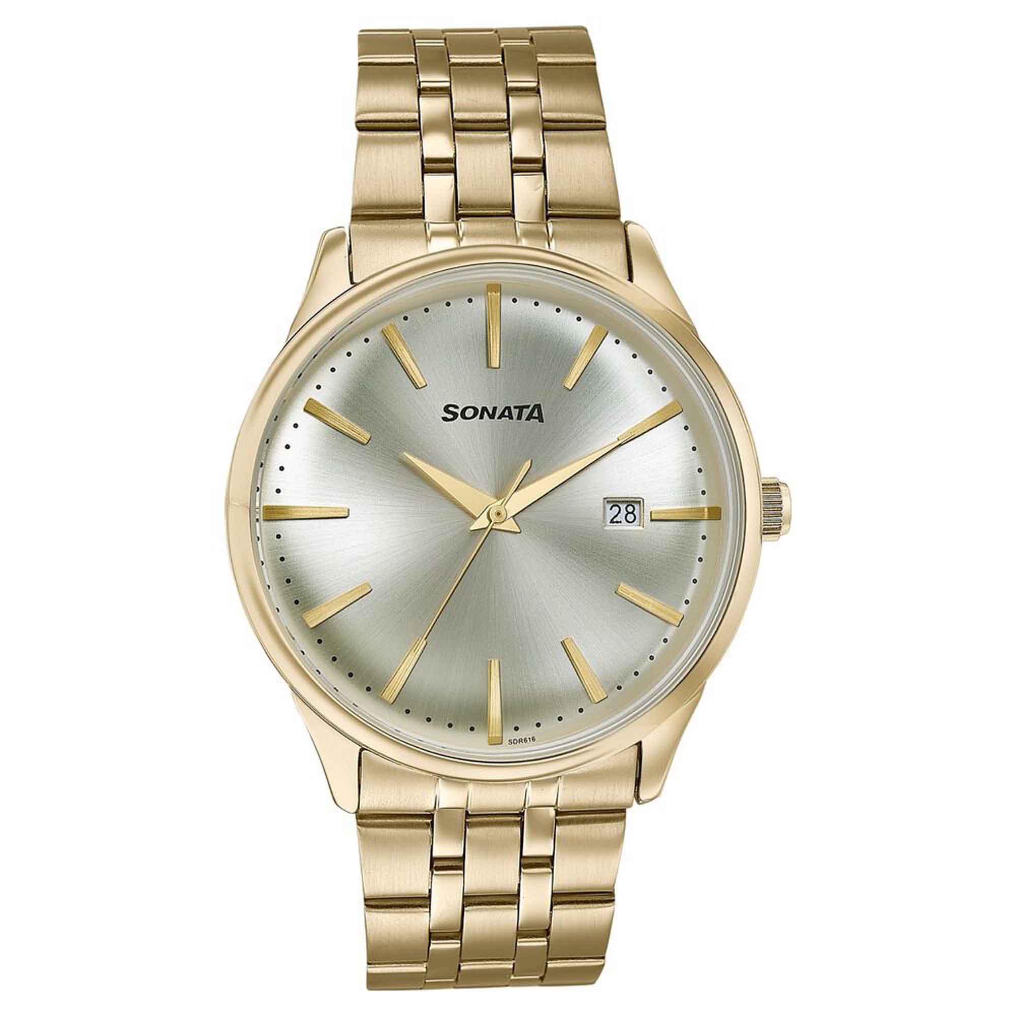 Sonata Gold Dial Stainless Steel Strap Analog with Date Watch for Men