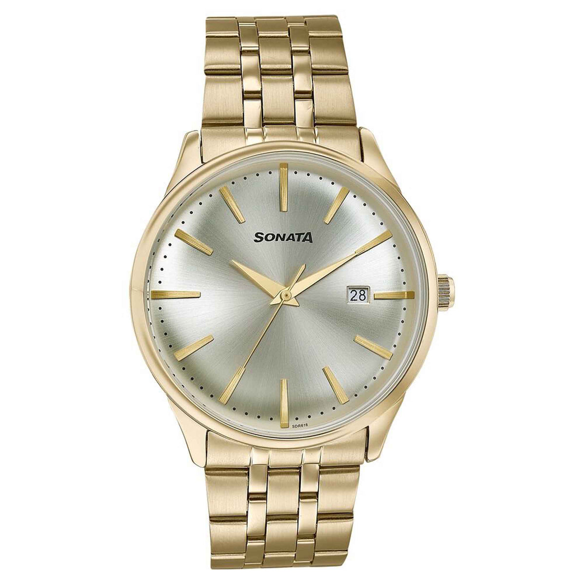 Sonata Gold Dial Stainless Steel Strap Analog with Date Watch for Men