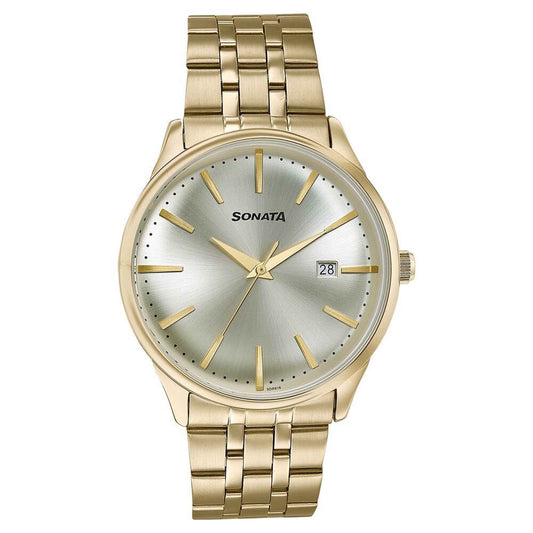 Sonata Gold Dial Stainless Steel Strap Analog with Date Watch for Men