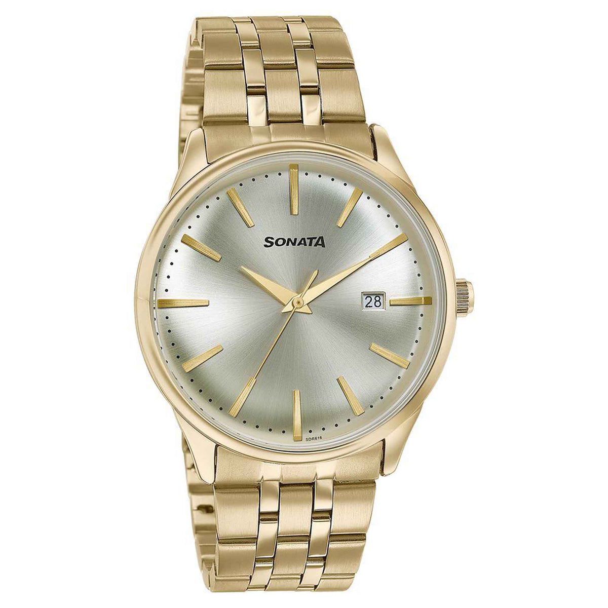 Sonata Gold Dial Stainless Steel Strap Analog with Date Watch for Men