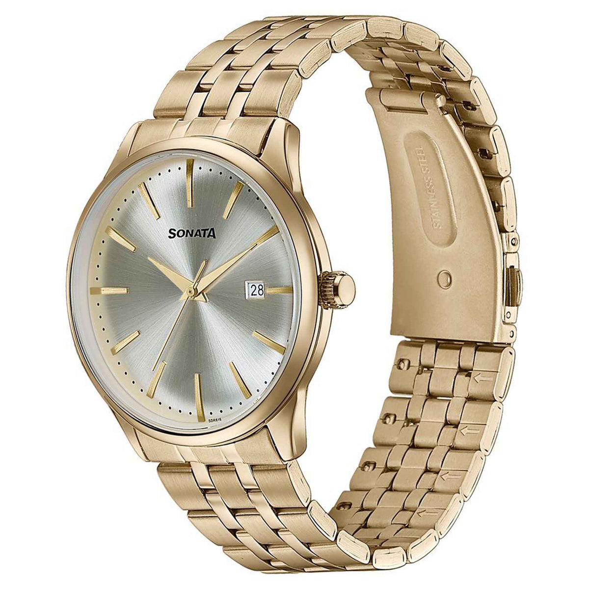 Sonata Gold Dial Stainless Steel Strap Analog with Date Watch for Men