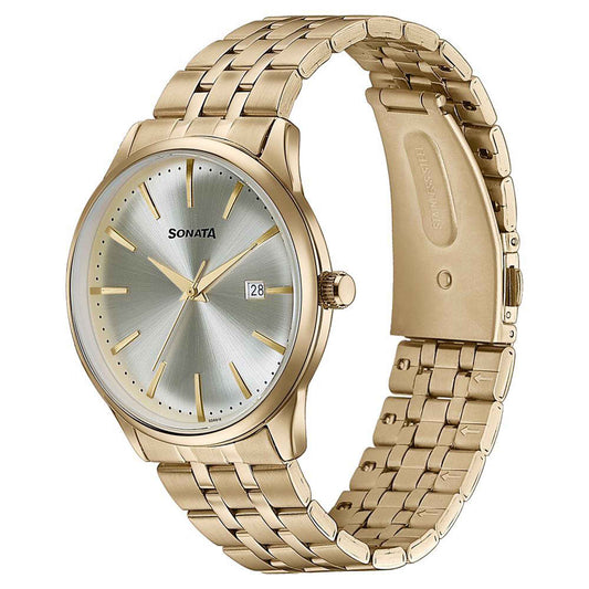 Sonata Gold Dial Stainless Steel Strap Analog with Date Watch for Men