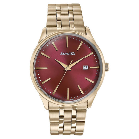 Sonata Red Dial Gold Stainless Steel Strap Analog with Date Watch for Men