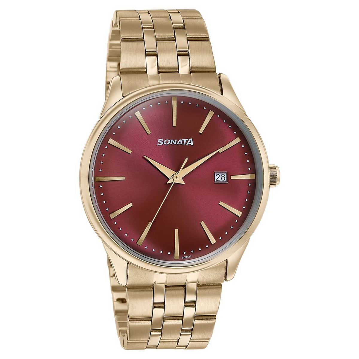 Sonata Red Dial Gold Stainless Steel Strap Analog with Date Watch for Men