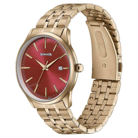 Sonata Red Dial Gold Stainless Steel Strap Analog with Date Watch for Men
