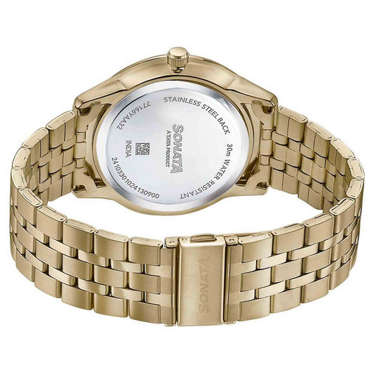 Sonata Red Dial Gold Stainless Steel Strap Analog with Date Watch for Men