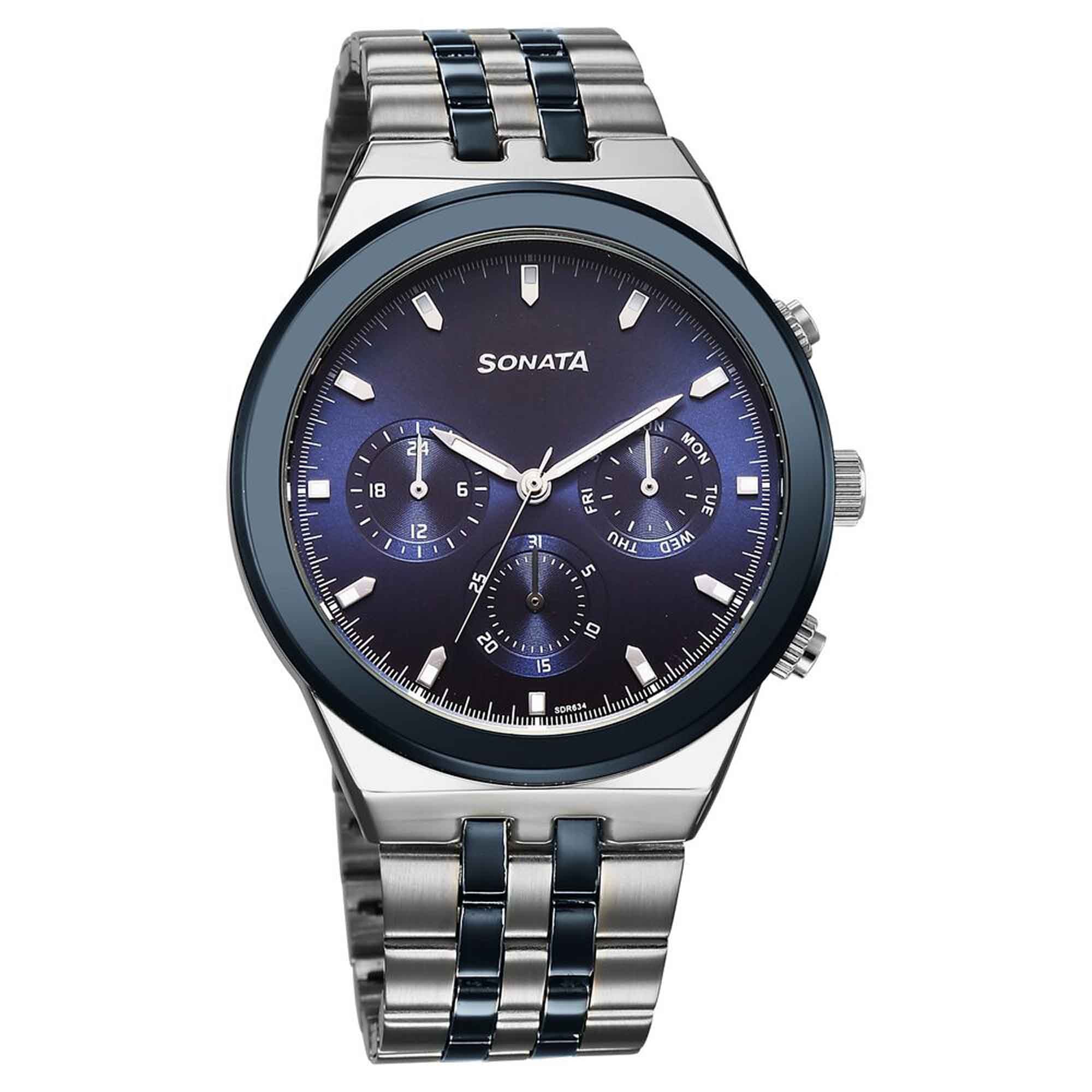 Sonata Blue Dial Two Toned Metal Strap Multifunction Watch for Men