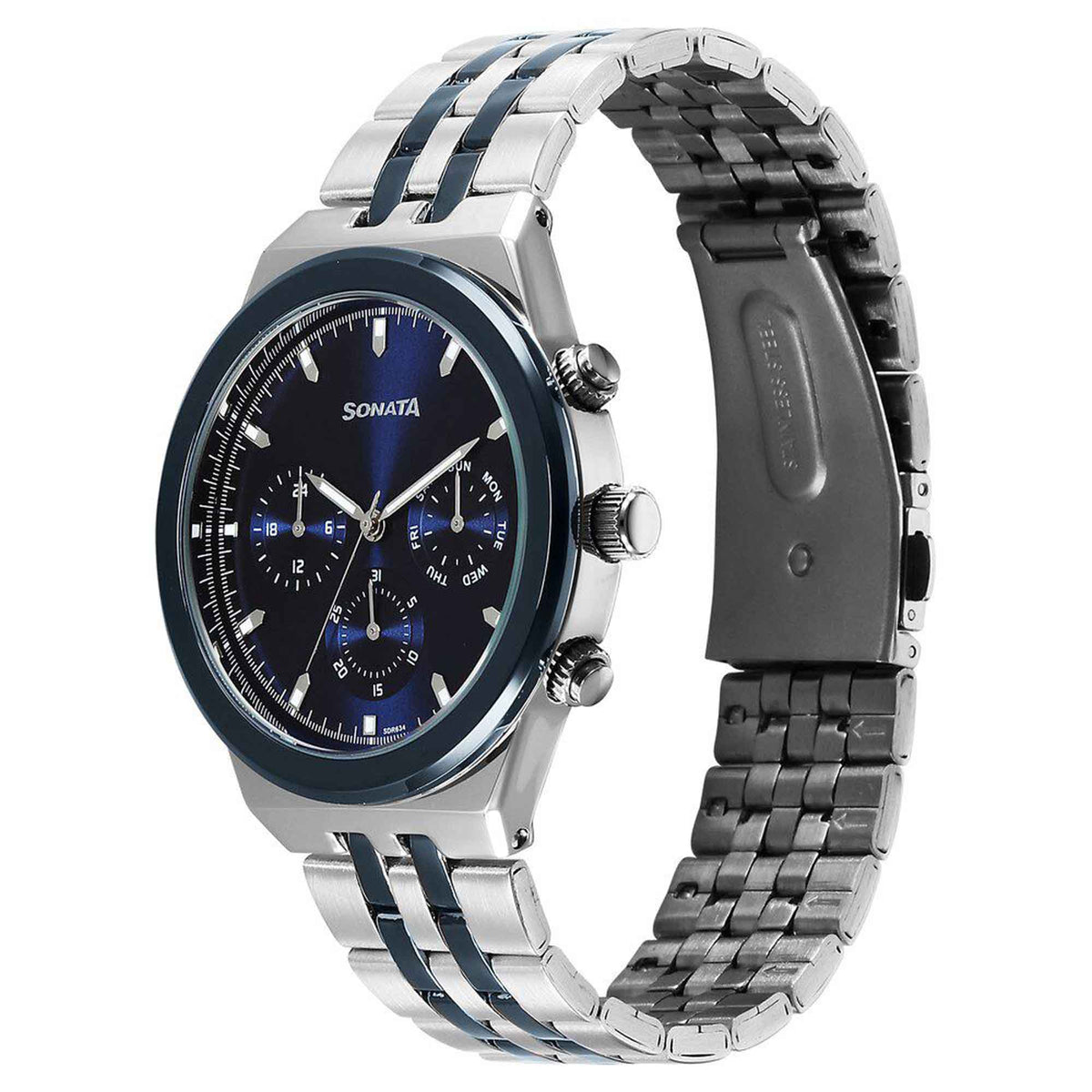 Sonata Blue Dial Two Toned Metal Strap Multifunction Watch for Men