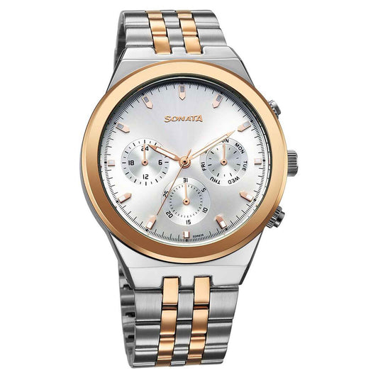 Sonata Silver Dial Two Toned Metal Strap Multifunction Watch for Men