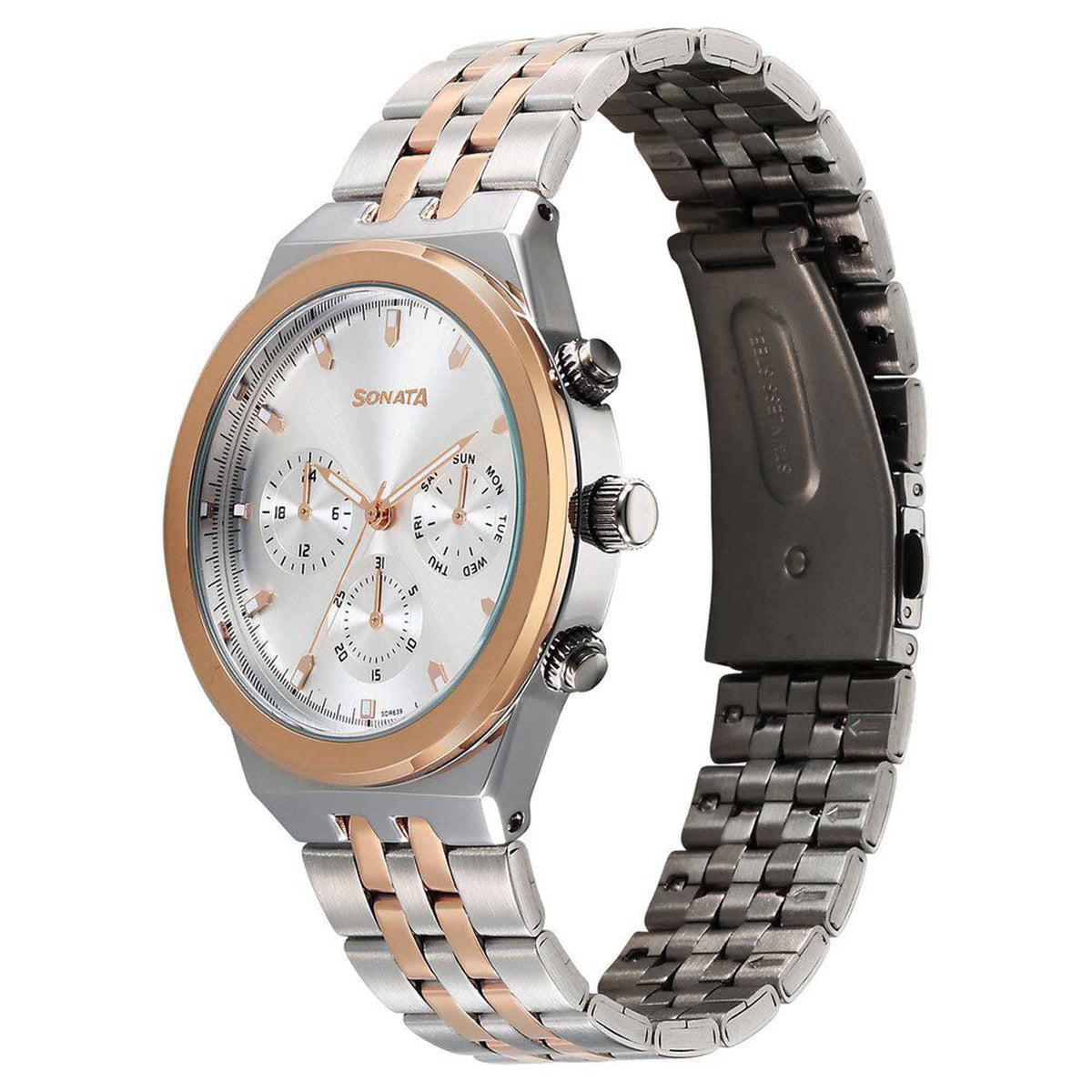 Sonata Silver Dial Two Toned Metal Strap Multifunction Watch for Men