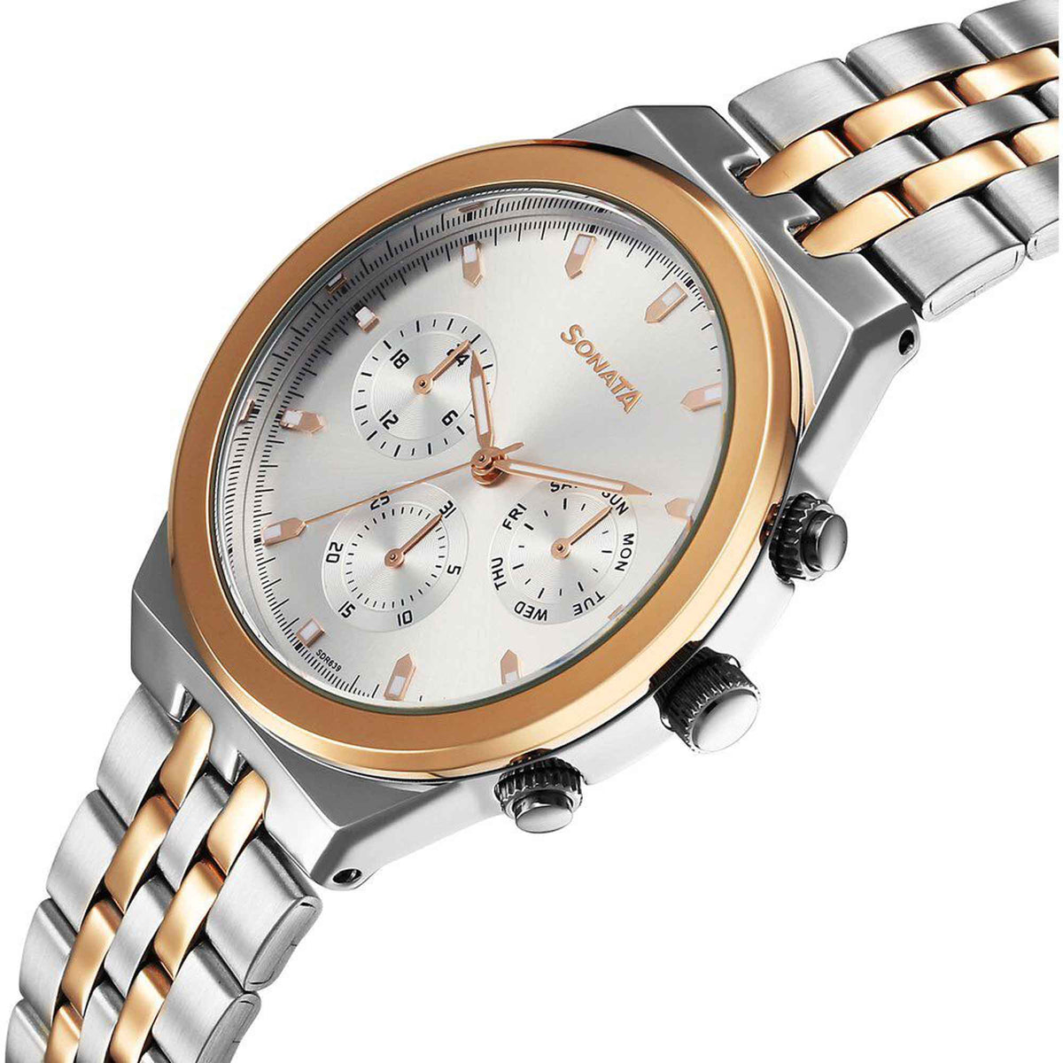 Sonata Silver Dial Two Toned Metal Strap Multifunction Watch for Men