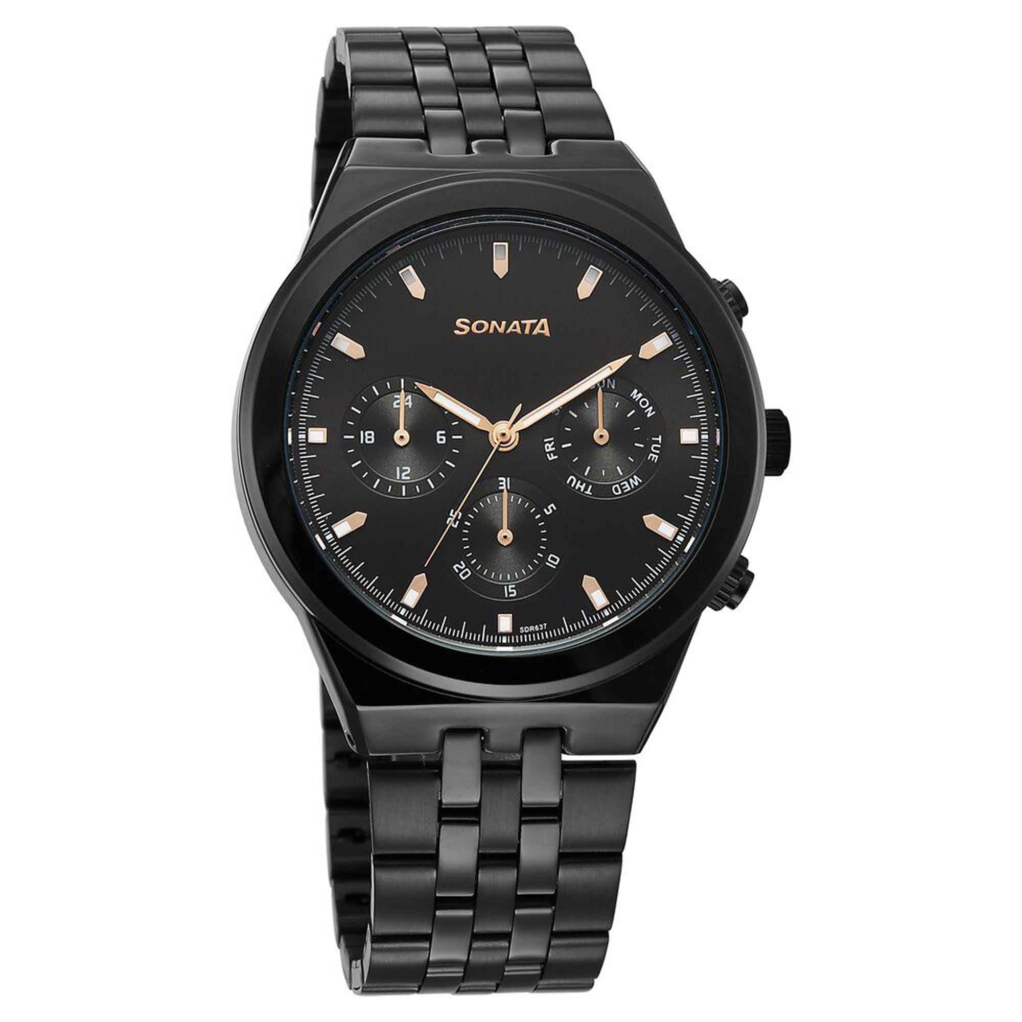 Sonata Black Dial Metal Strap Multifunction Watch for Men