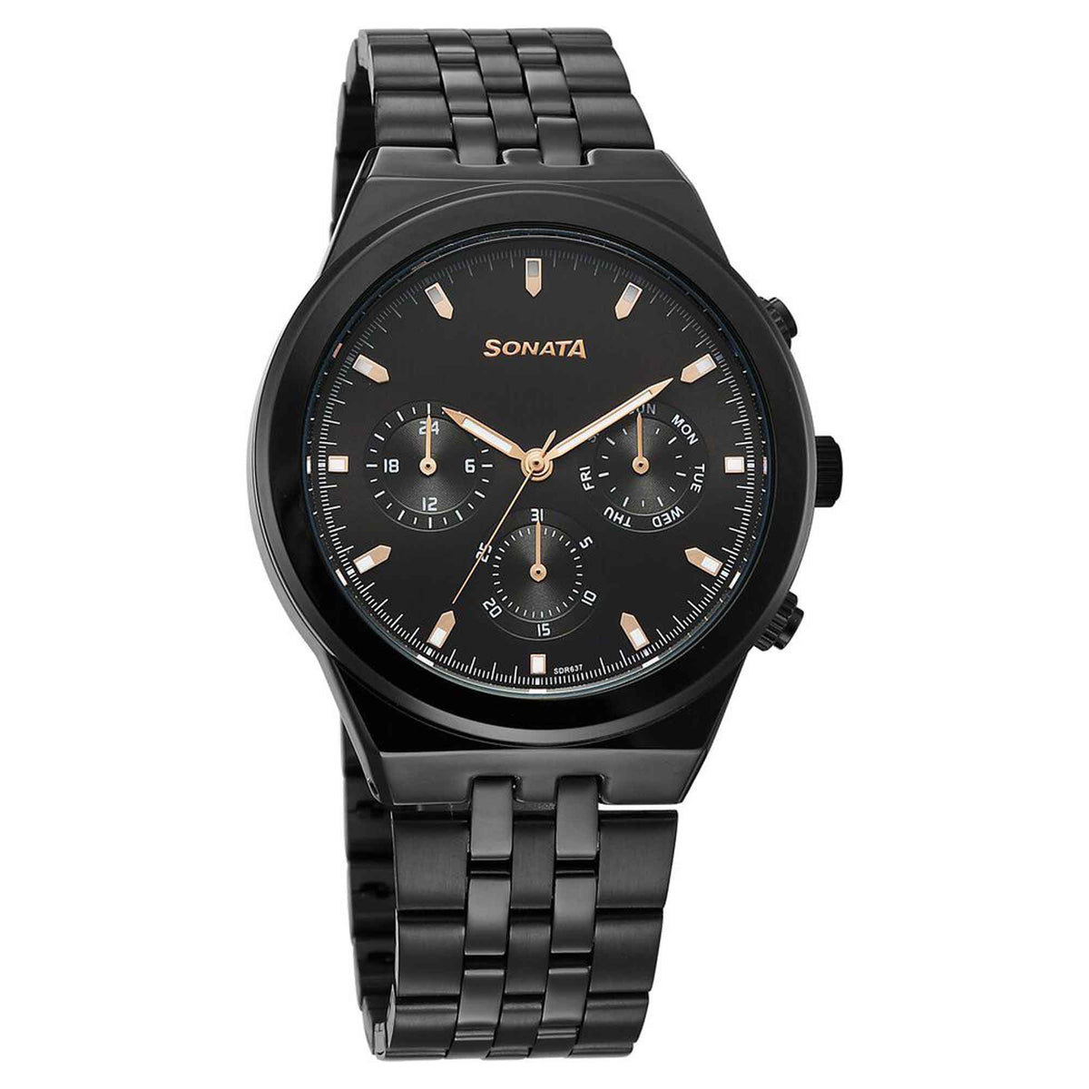 Sonata Black Dial Metal Strap Multifunction Watch for Men
