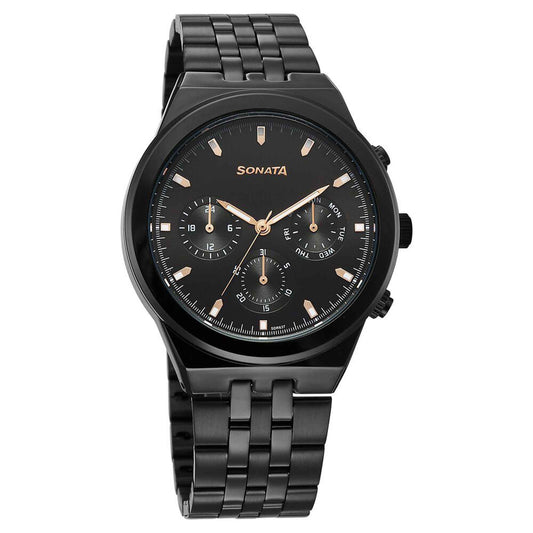 Sonata Black Dial Metal Strap Multifunction Watch for Men