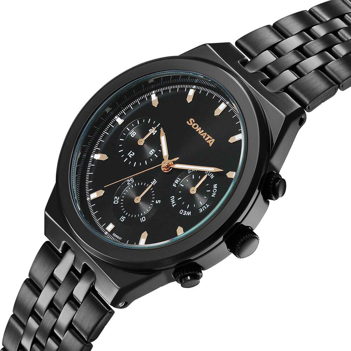 Sonata Black Dial Metal Strap Multifunction Watch for Men