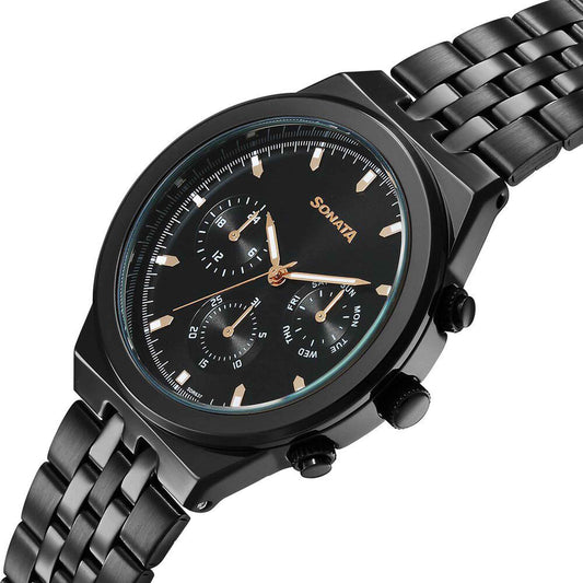 Sonata Black Dial Metal Strap Multifunction Watch for Men