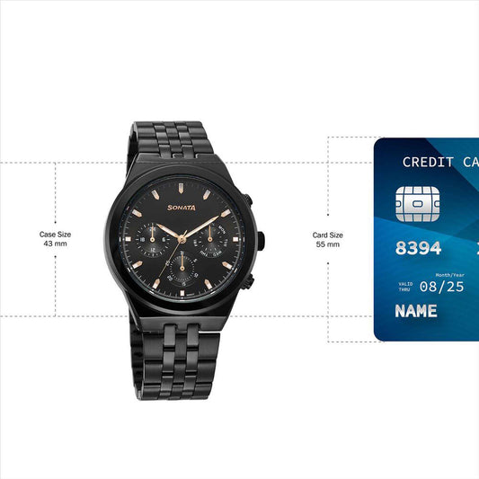 Sonata Black Dial Metal Strap Multifunction Watch for Men