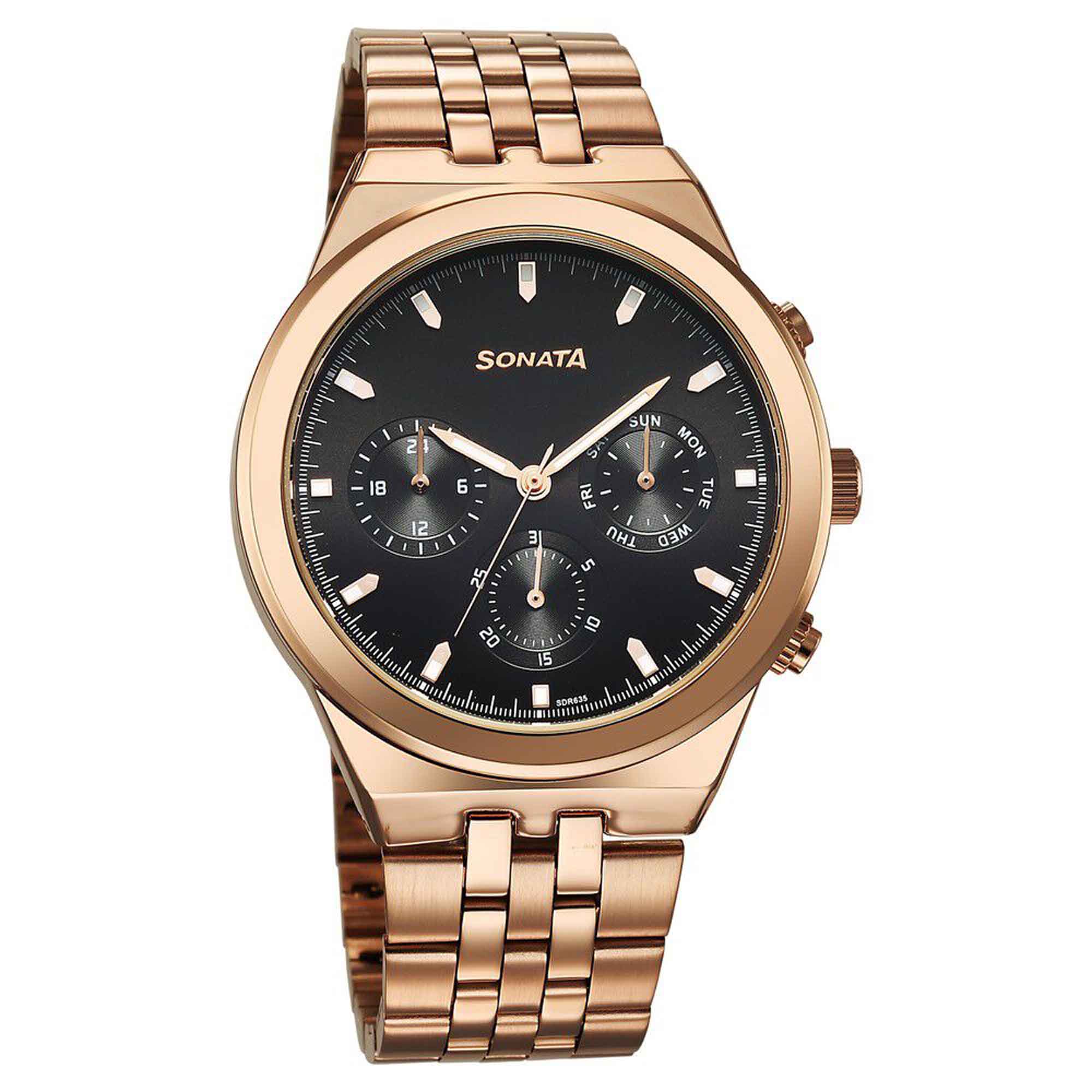 Sonata Black Dial Rose Gold Metal Strap Multifunction Watch for Men