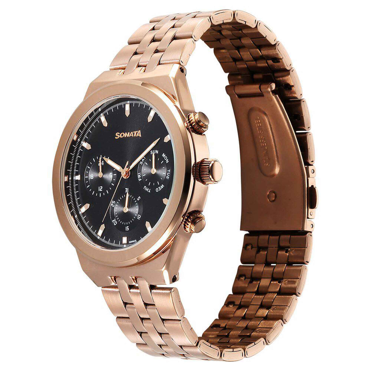 Sonata Black Dial Rose Gold Metal Strap Multifunction Watch for Men