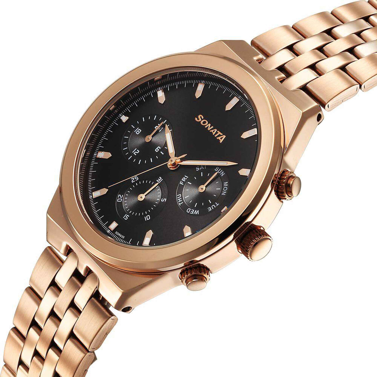 Sonata Black Dial Rose Gold Metal Strap Multifunction Watch for Men