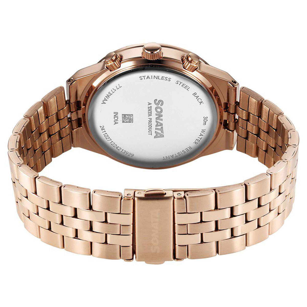 Sonata Black Dial Rose Gold Metal Strap Multifunction Watch for Men